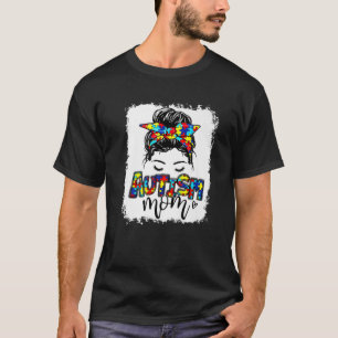 Womens Messy Bun Puzzle Proud Mam Autism Awareness T-shirt