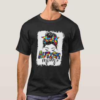 Womens Messy Bun Puzzle Proud Mam Autism Awareness T-shirt