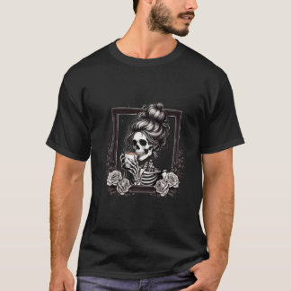 Womens Messy Bun Skeleton Drink Koffie  T-shirt