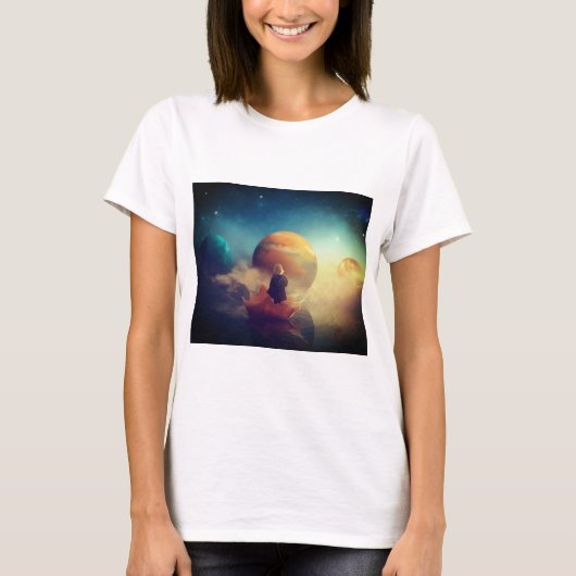 women's mytical child and planets t-shirt (Voorkant)