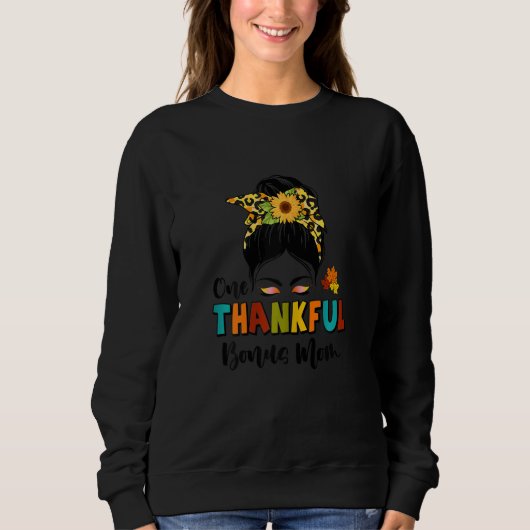 Womens One Thankful Bonus Mom Leopard Messy Bun Fa Trui (Voorkant)