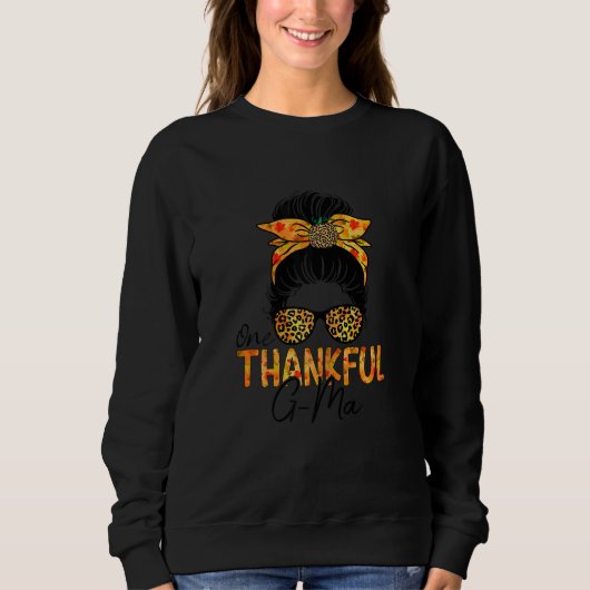 Womens One Thankful G Ma Leopard Messy Bun Thanksg Trui (Voorkant)