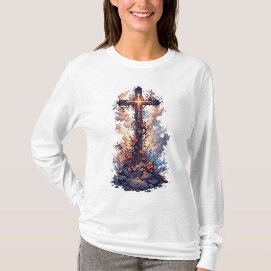 Women's Pretty Christian Cross Long Sleeve Tee T-shirt (Voorkant)