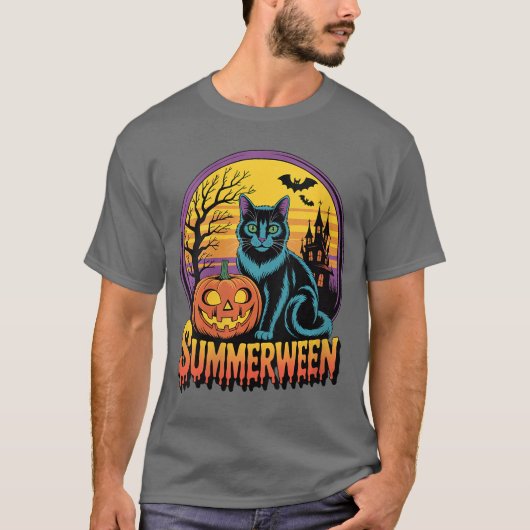 Womens Retro Black Cat Spooky Cute Art Summerween T-shirt (Voorkant)