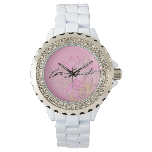 Women's Rhinestone White Enamel Watch Horloge (Voorkant)