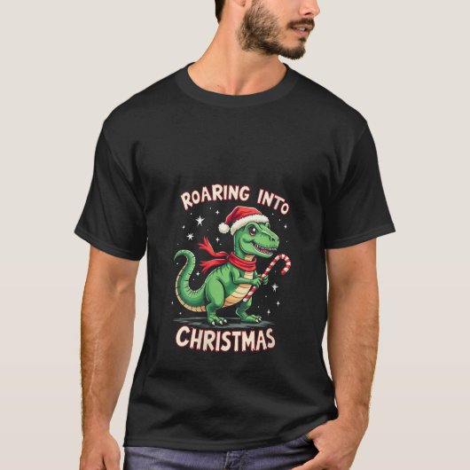 Womens Roaring into Christmas T Rex Santa Hat Cand T-shirt (Voorkant)
