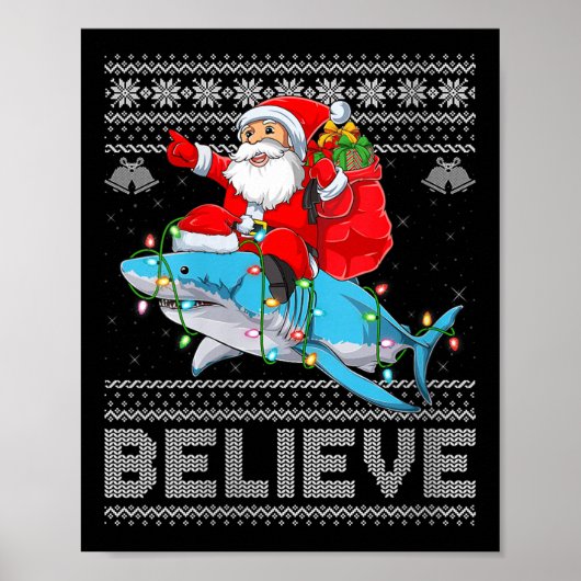 Womens Santa Riding Shark Ugly Christmas Sweater B Poster (Voorkant)