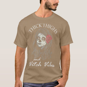 Womens Scary Halloween design broom thick thighw w T-shirt