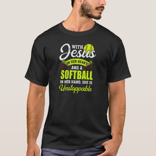 Womens Softball With Jesus And A Softball She Is U T-shirt (Voorkant)