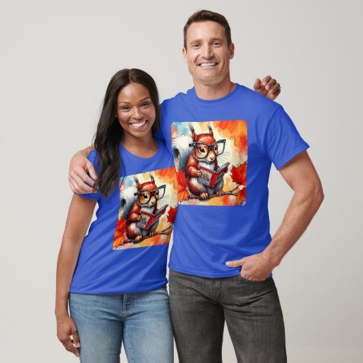 Womens Squirrel Reading Comic Book On Autumn Branc T-shirt (Unisex)