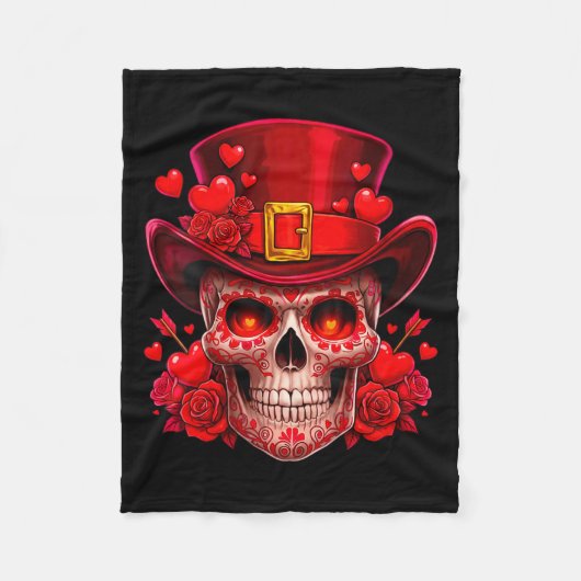 Women's Sugar Skull Valentine Cud Red Roses Couple Fleece Deken (Voorkant)