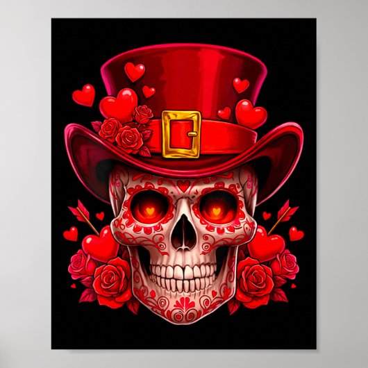 Women's Sugar Skull Valentine Cud Red Roses Couple Poster (Voorkant)