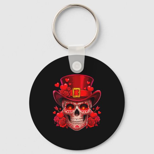 Women's Sugar Skull Valentine Cud Red Roses Couple Sleutelhanger (Voorkant)