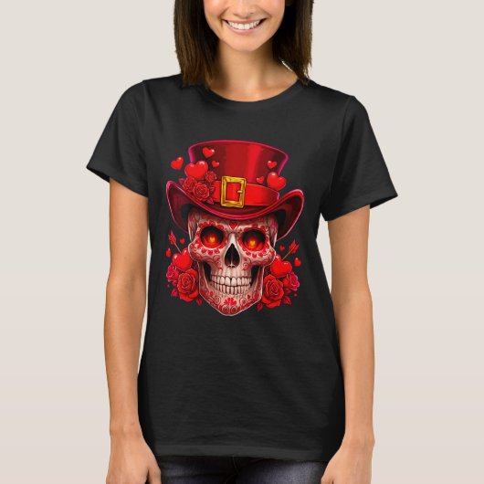 Women's Sugar Skull Valentine Cud Red Roses Couple T-shirt (Voorkant)