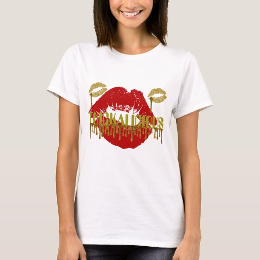 Womens THICKALICIOUS Gold & Red lips Whit Tshirt (Voorkant)