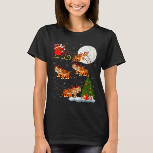 Womens Tiger Santa Sleigh Flying Funny Magical Chr T-shirt (Voorkant)