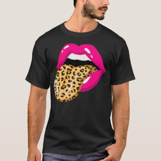 Womens Tongue Out Leopard Print Teeth Mouth Licht  T-shirt