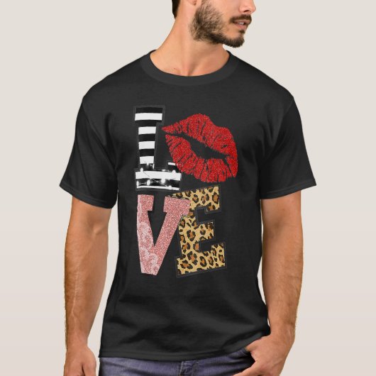 Womens Valentine Red Lips Love Leopard V Neck T-shirt (Voorkant)
