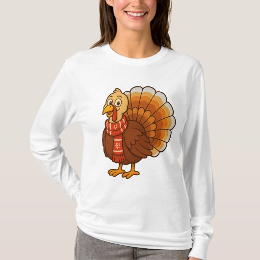 Women's Warm T-Shirt with a Cute Autumn Turkey Pri (Voorkant)