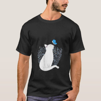 Womens White Cat and Blue Butterfly Animal Whimsic T-shirt