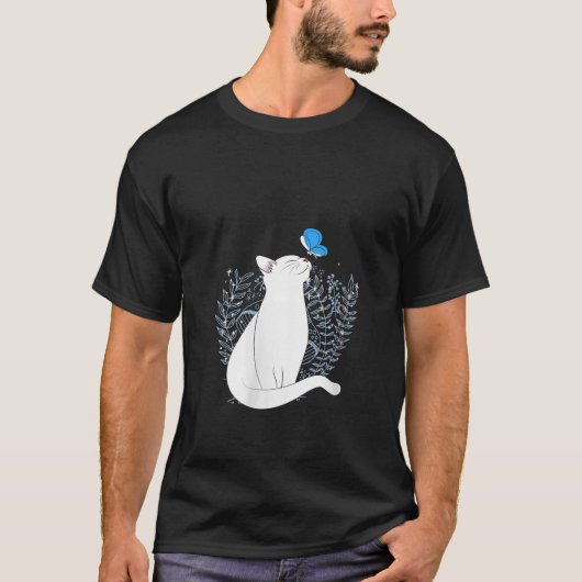 Womens White Cat and Blue Butterfly Animal Whimsic T-shirt (Voorkant)