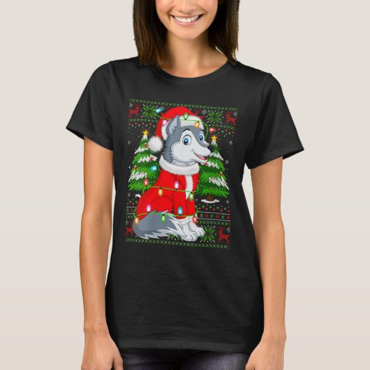 Womens Wolf Christmas Lights Santa Costume Ugly Xm T-shirt (Voorkant)