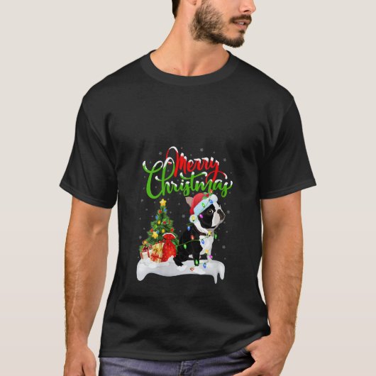 Womens Xmas Lighting Matching Santa Boston Terrier T-shirt (Voorkant)