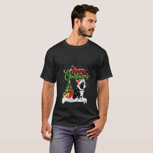 Womens Xmas Lighting Matching Santa Boston Terrier T-shirt (Voorkant volledig)