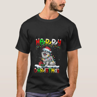 Womens Xmas Lighting Santa Hat Japanese Spitz Dog  T-shirt