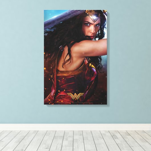 Wonder-vrouw blokkeert zwaard canvas afdruk (Insitu (Houten vloer))