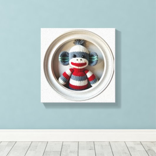 Wonder Wall Art Gestreepte Sock Monkey Delight Canvas Afdruk (Insitu (Houten vloer))