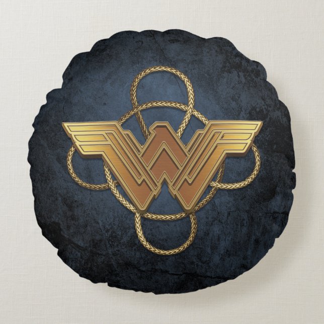 Wonder Woman Gold Symbool over Lasso Rond Kussen (Voorkant)