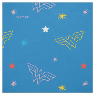 Wonder Woman Logo en Sterren Blauw Patroon Stof