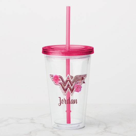Wonder Woman Pink Camellia Flowers Logo Acryl Drinkbeker (Voorkant)