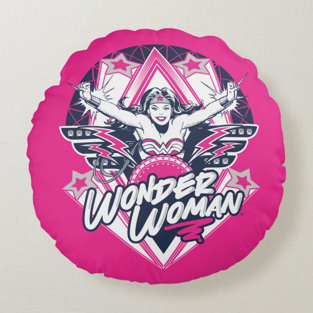 Wonder Woman Retro Glam Rock Graphic Rond Kussen (Voorkant)