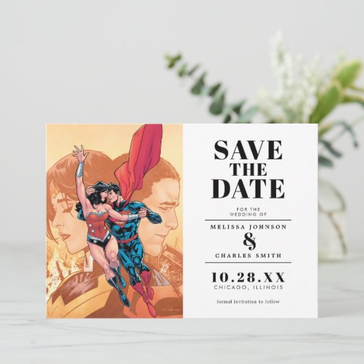Wonder Woman & Superman Save the Date Uitnodiging (Staand voorkant)