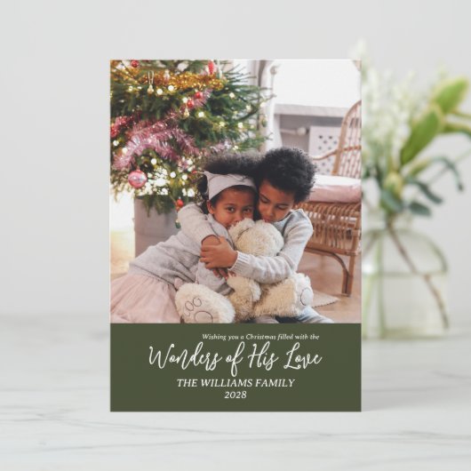 Wonderen van Zijn Liefde Custom Foto Kerstmis Feestdagenkaart (Staand voorkant)