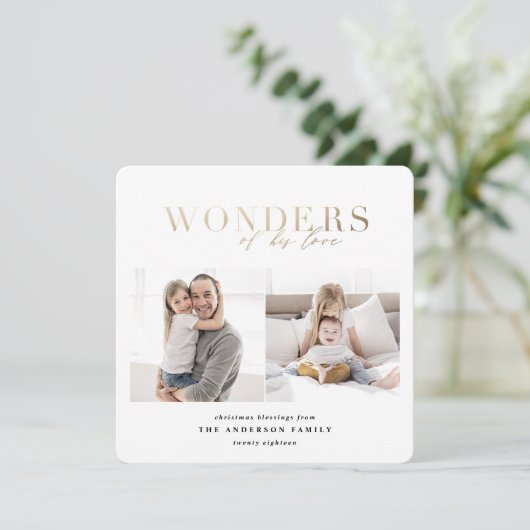 Wonderen van zijn liefde multi foto goud geometris feestdagenkaart (Staand voorkant)