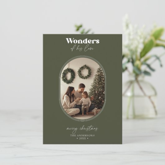 Wonderen van Zijn Liefde Religieuze Kerstfoto Feestdagenkaart (Staand voorkant)