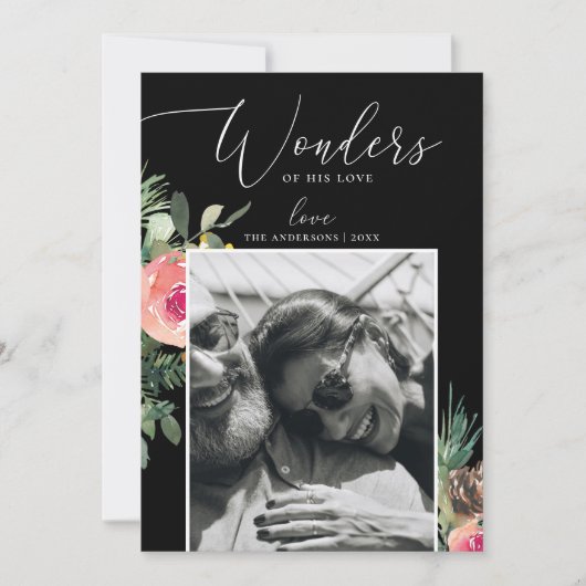 Wonderen van zijn liefde | Zwarte Bloemen Kerstfot Feestdagenkaart (Voorkant)