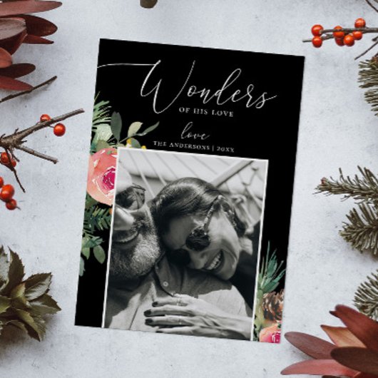 Wonderen van zijn liefde | Zwarte Bloemen Kerstfot Feestdagenkaart