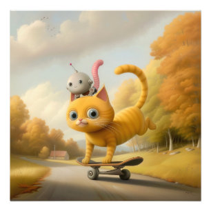 Wonderful Cat & Little Robot: skateboardvaardighed Foto Afdruk