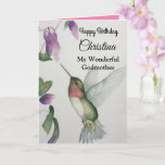 Wonderful Godmother Happy Birthday Hummingbird Kaart<br><div class="desc">Celebrate birthday of your wonderful godmother with an elegant hummingbird design on a charming greeting card. Created from my original watercolour painting, the lovely little bird and flower image will brighten the day for birdwatchers, gardeners and nature lovers. The special woman in your life will love the pastel colours of...</div>