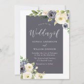 Wonderful Navy Blue Cream Beige Flowers Weddenscha Kaart (Voorkant)