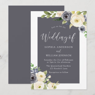 Wonderful Navy Blue Cream Beige Flowers Weddenscha Kaart