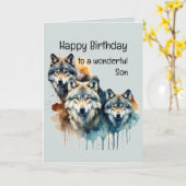 Wonderful Son Verjaardag - Wolf en Pack Quote Kaart (Gele Bloem)