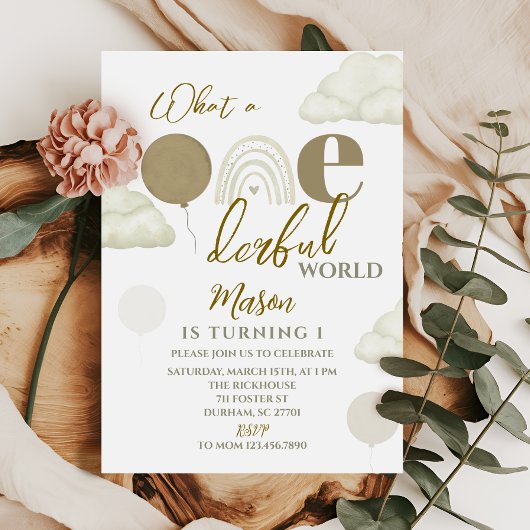 Wonderful World Neutral First Birthday Invitation Kaart