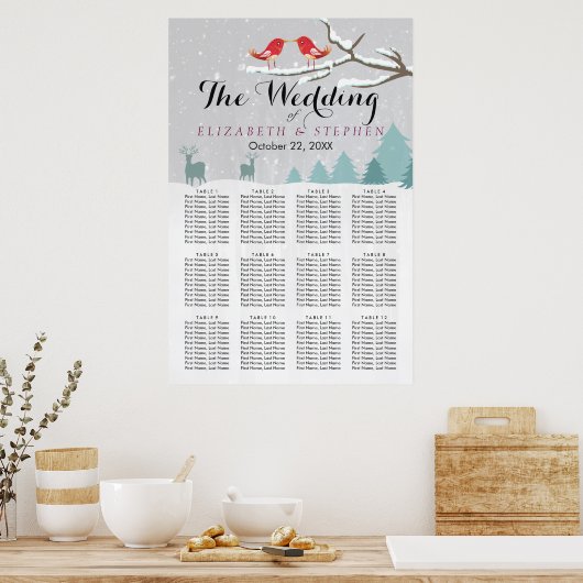 Wonderland Birds Deer Winter Wedding Seining Chart Poster (Keuken)