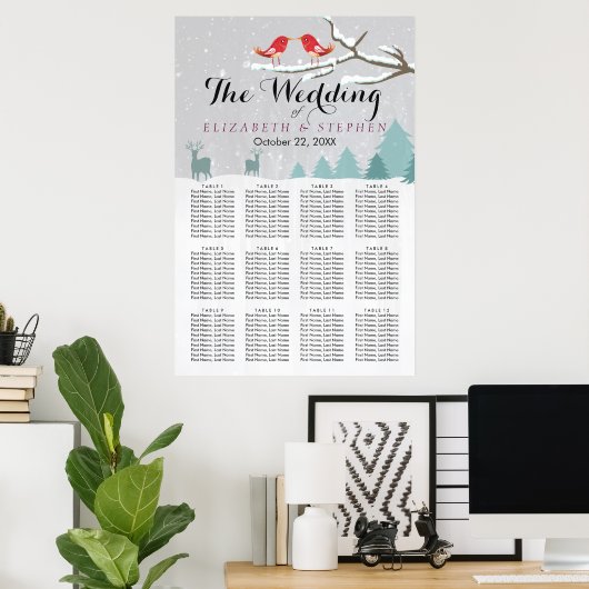 Wonderland Birds Deer Winter Wedding Seining Chart Poster (Thuiskantoor)
