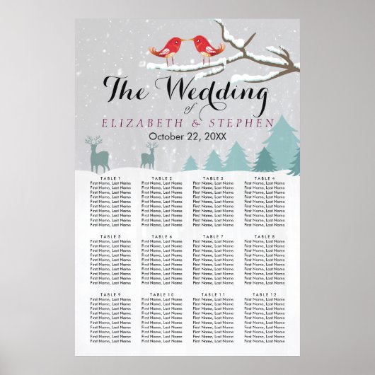 Wonderland Birds Deer Winter Wedding Seining Chart Poster (Voorkant)